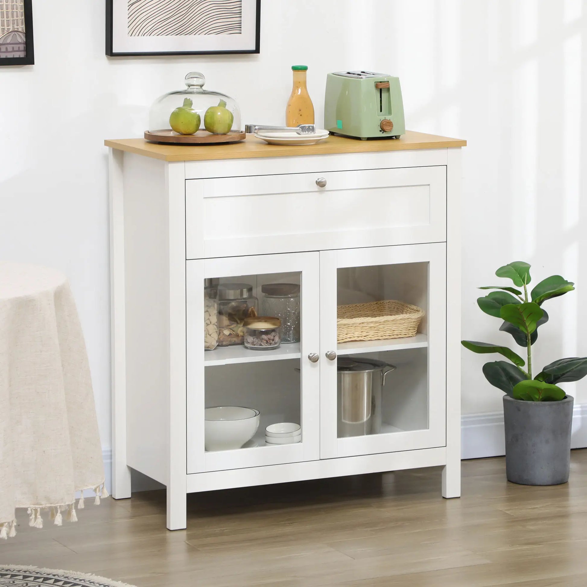 APARADOR DE COCINA MODERNO CON PUERTAS DE VIDRIO – BLANCO Y MADERA image 2
