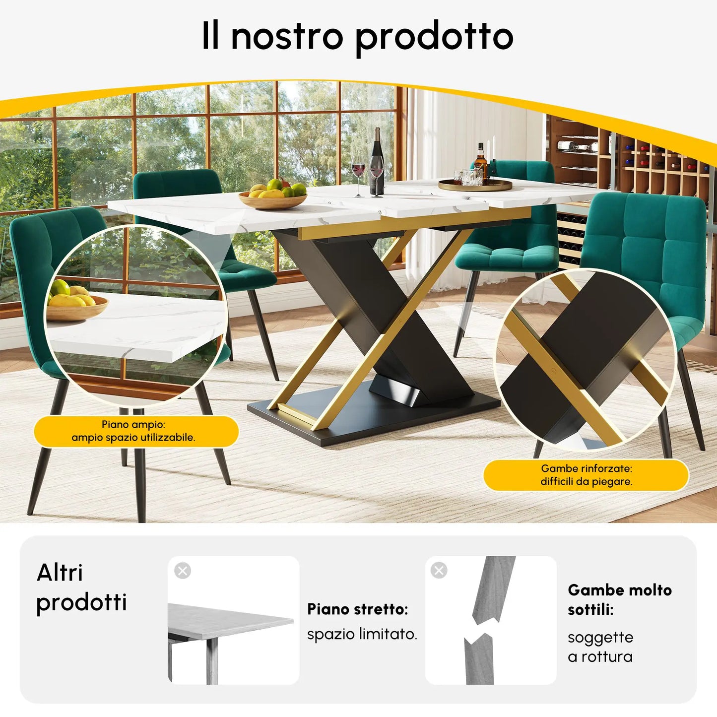 🍽️ Mesa de Comedor Extensible 120-160 cm con Patas Cruzadas – MDF Efecto Mármol – Blanco y Negro | JAM MUEBLES