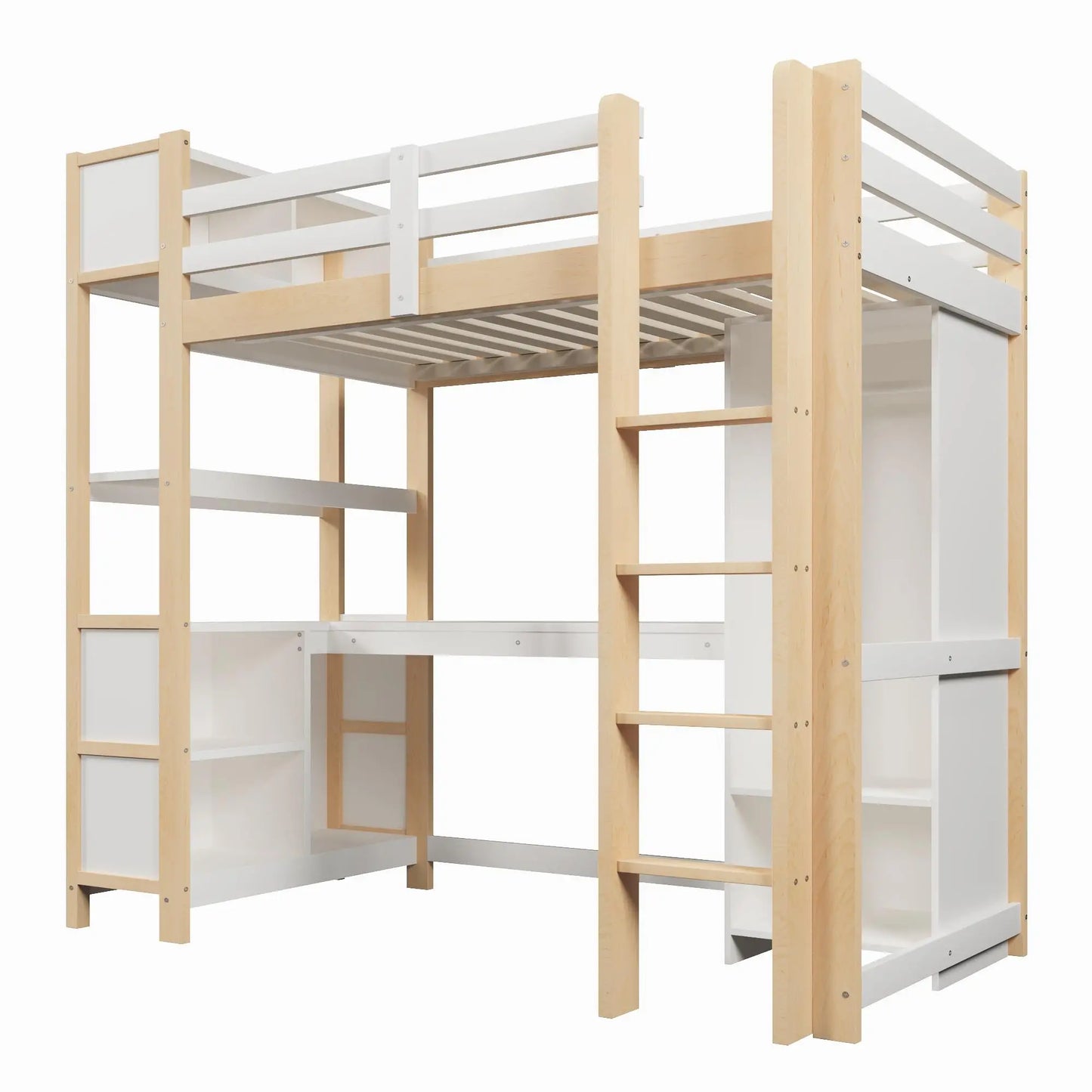 🛏️ CAMA ALTA INFANTIL 90x200 CM CON ESCRITORIO, ARMARIO Y ESTANTERÍAS – BLANCO O COLOR NATURAL
