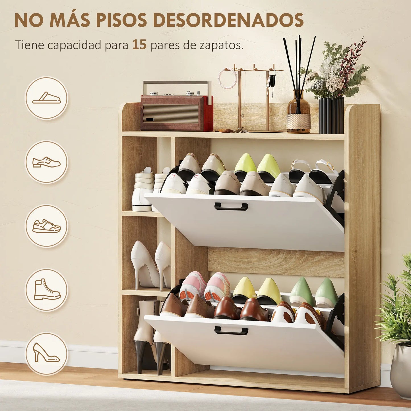 ZAPATERO ESTRECHO SIENA MIX CON 2 PUERTAS, ESTANTES LATERALES Y DISEÑO MODERNO image 6