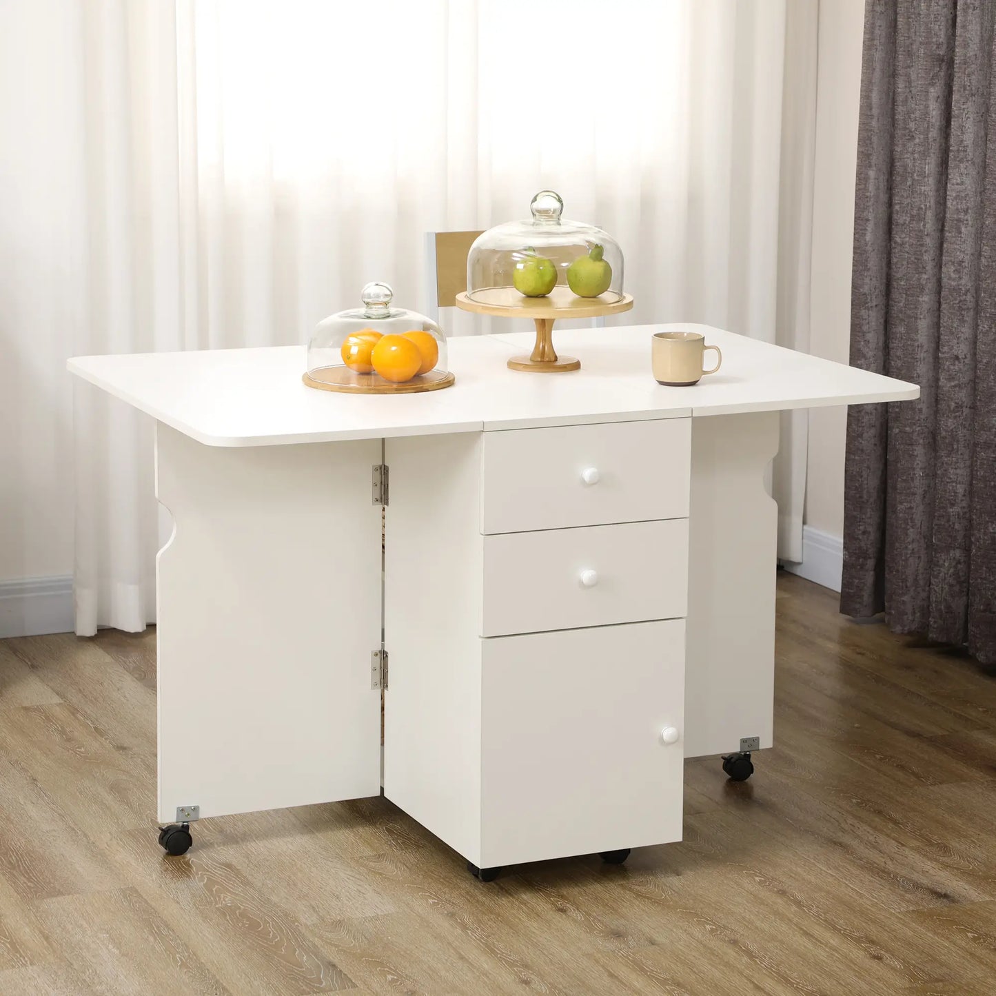 MESA DE COMEDOR PLEGABLE CON ALAS ABATIBLES, RUEDAS Y CAJONES – BLANCA image 0