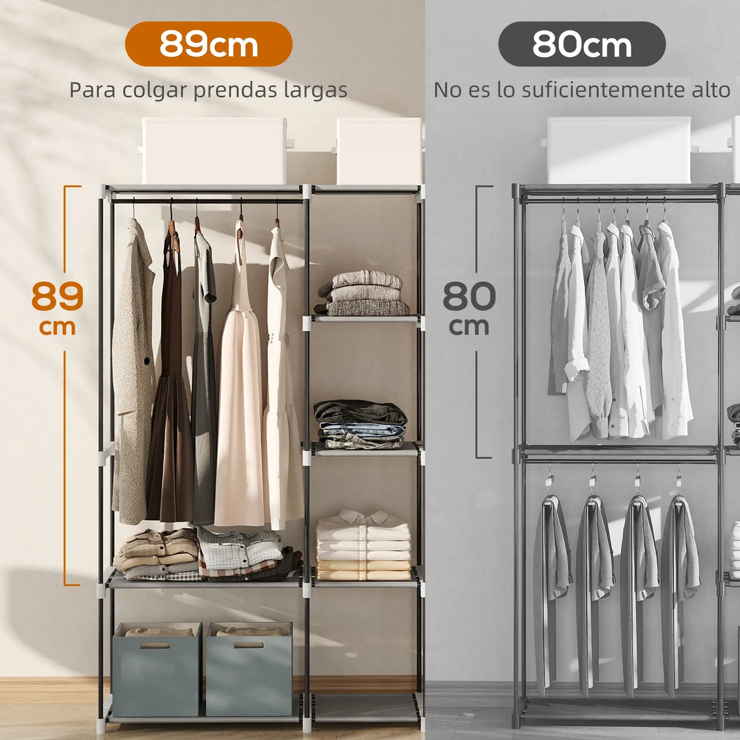 👕 ARMARIO ABIERTO PARA ROPA 182 CM CON 8 ESTANTES Y 3 BARRAS – GRIS CLARO