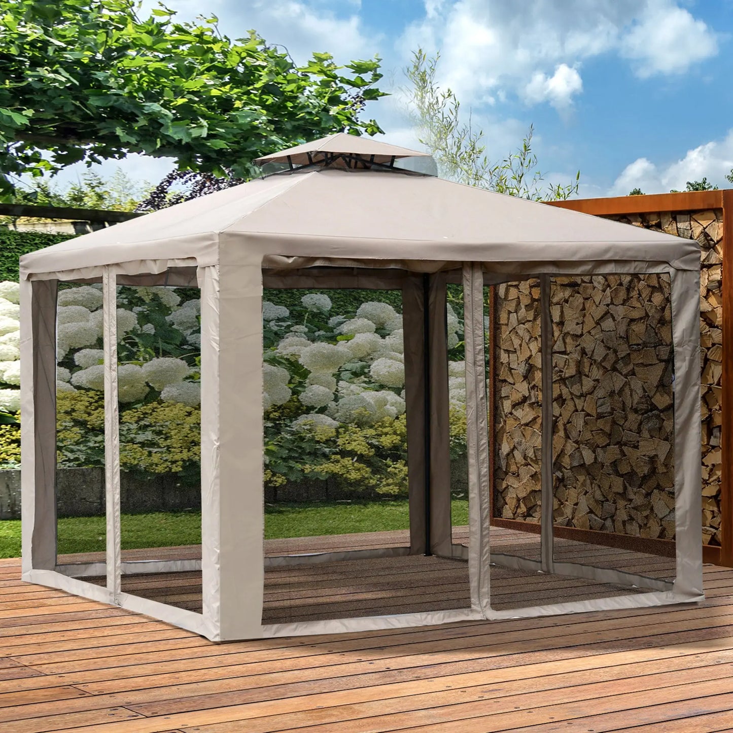 🌿 CENADOR DE JARDÍN “BRAVENTO” 3x3m – DOBLE TECHO Y MOSQUITERAS COMPLETAS