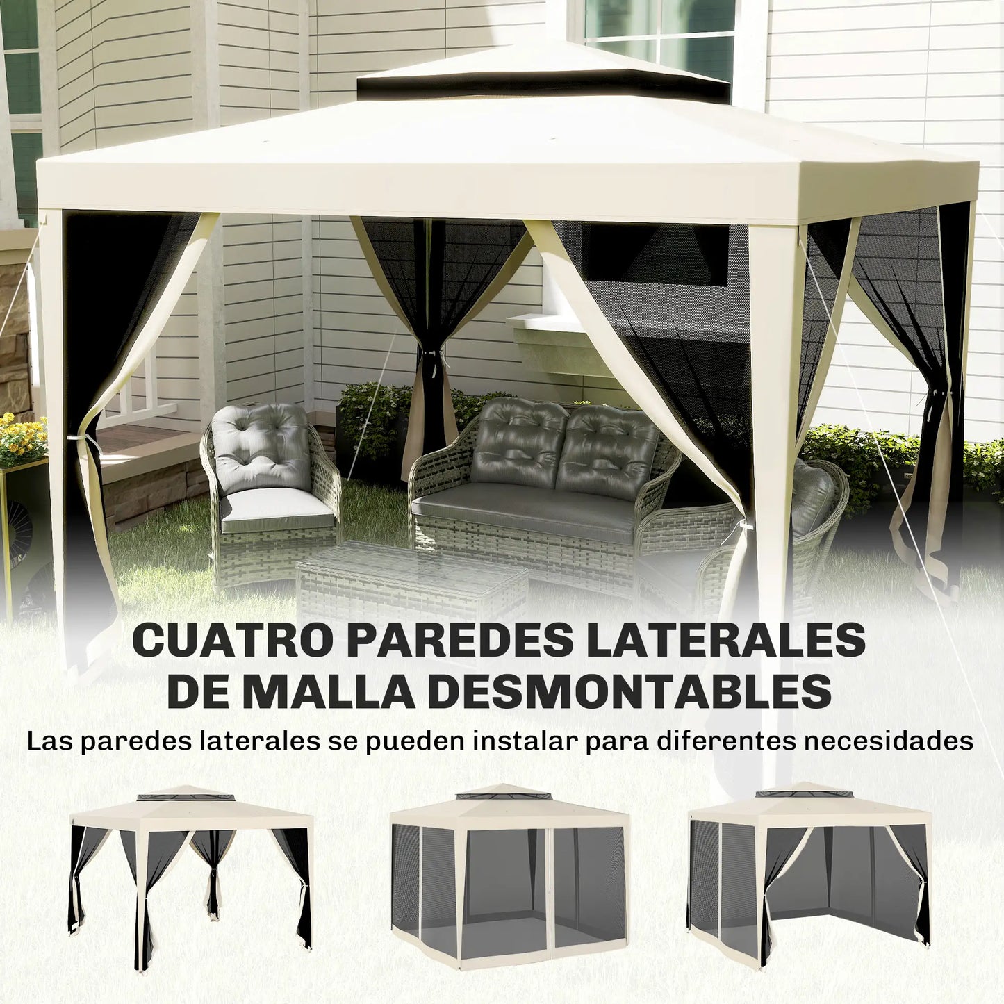 ⛺ CARPA DE JARDÍN “BREEZARA” 3x3m – DOBLE TECHO Y MOSQUITERAS COMPLETAS