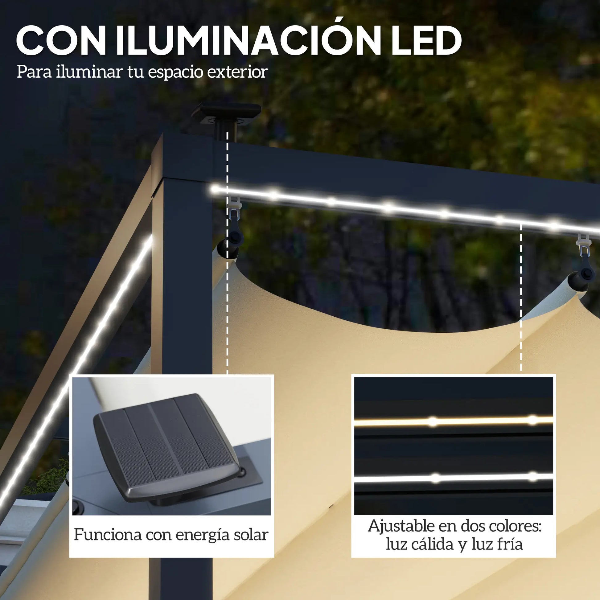 PÉRGOLA DE ALUMINIO SOLARYA 430 LED CON TECHO RETRÁCTIL Y LUCES SOLARES image 1
