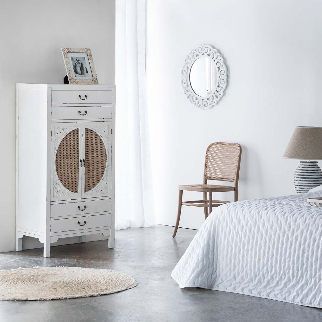 ARMARIO ALIKA DE MADERA Y RATÁN CON 4 CAJONES Y 2 PUERTAS BLANCO image 0
