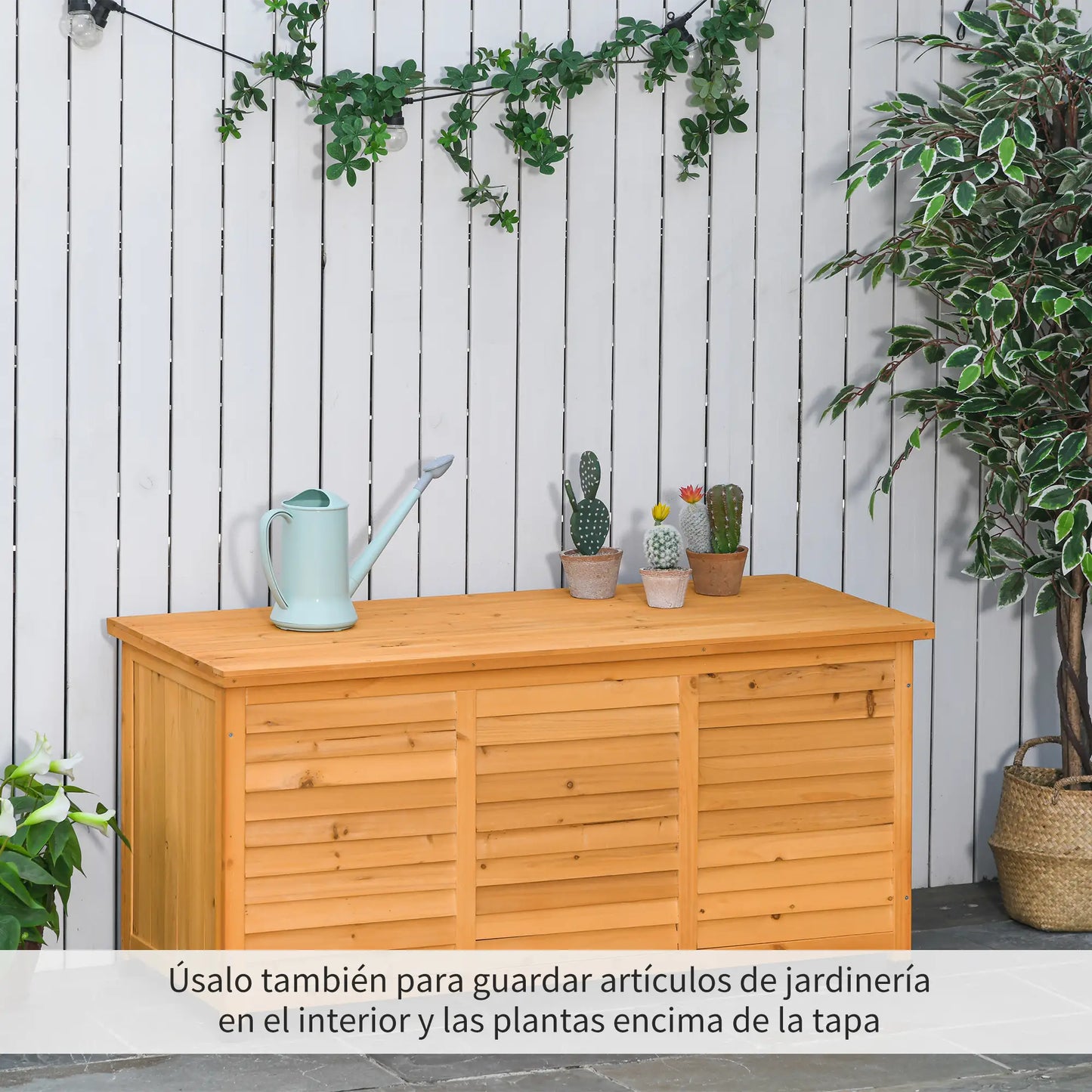 BAÚL DE MADERA EXTERIOR CON TAPA ABRIBLE Y DISEÑO PERSIANA image 1