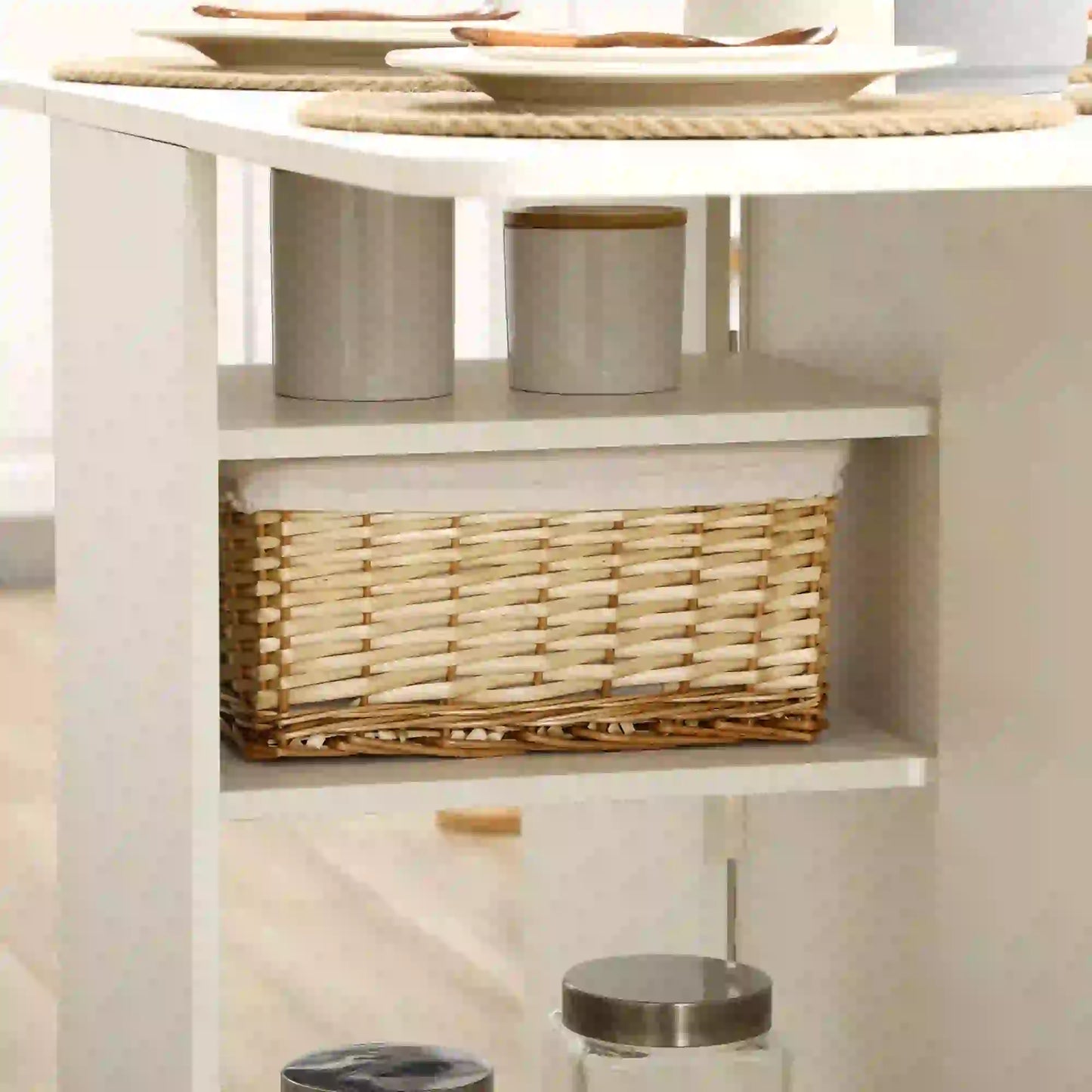 MESA DE COMEDOR PLEGABLE CON ALAS ABATIBLES, RUEDAS Y CAJONES – BLANCA image 4