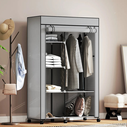 👕 ARMARIO DE TELA PLEGABLE 103 CM CON 6 ESTANTES Y BARRA PARA COLGAR – 5 COLORES