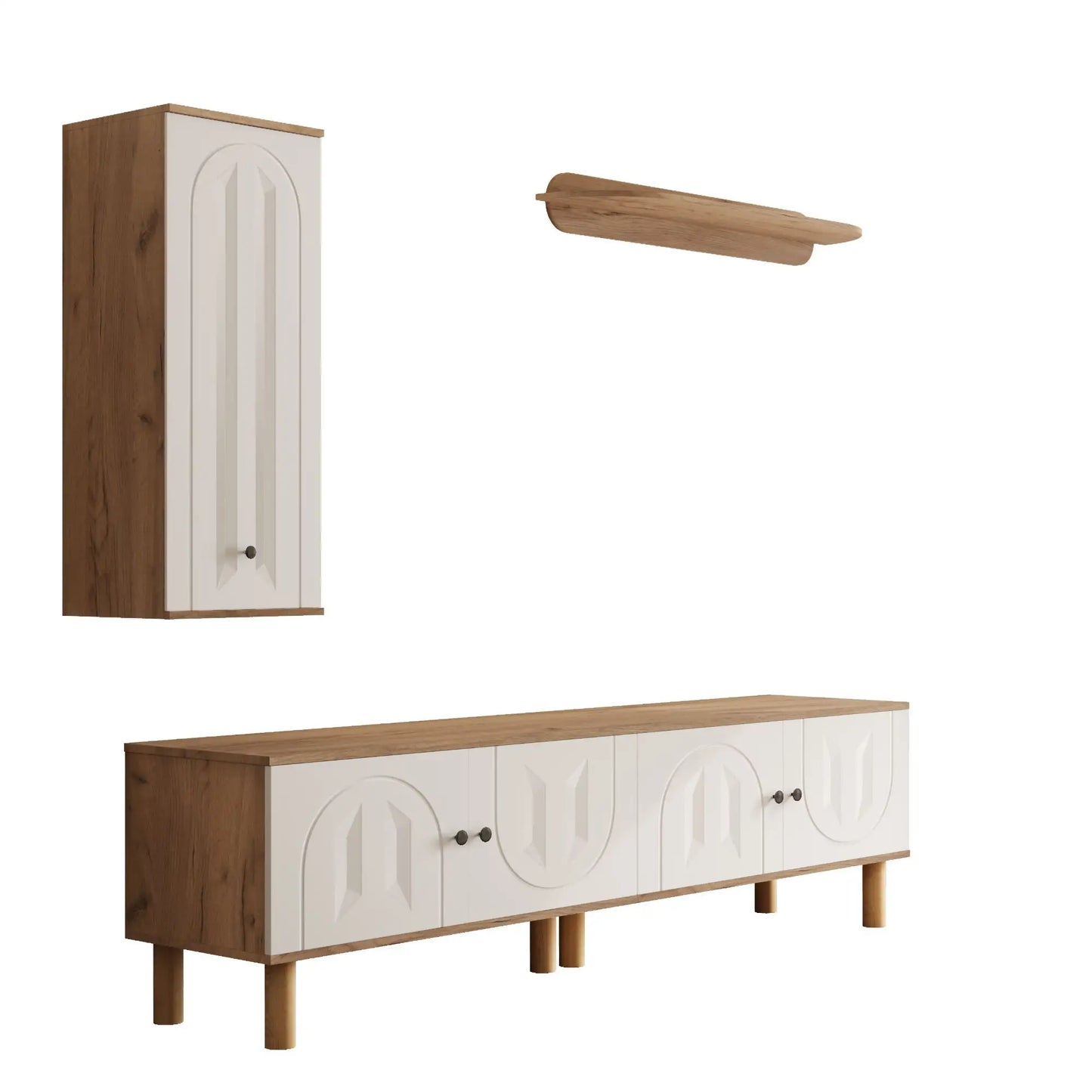 🏠 COMPOSICIÓN DE SALÓN “NATURA 3” – MUEBLE TV 170 CM + MUEBLE ALTO + ESTANTE DE PARED · BLANCO Y MADERA NATURAL