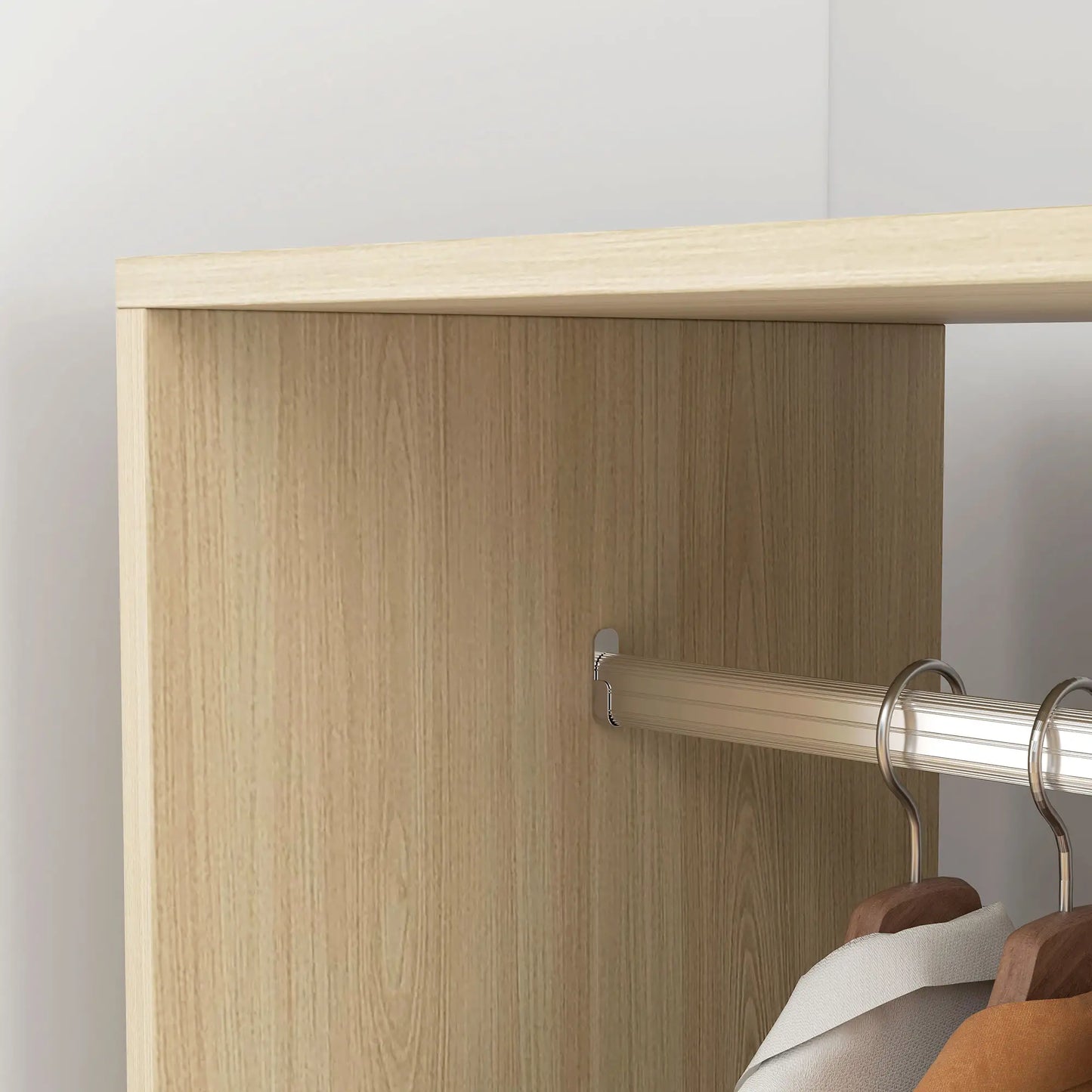 👕 ARMARIO ABIERTO CON RUEDAS 60 CM – BARRA PARA COLGAR Y ESTANTES – BLANCO Y ROBLE NATURAL