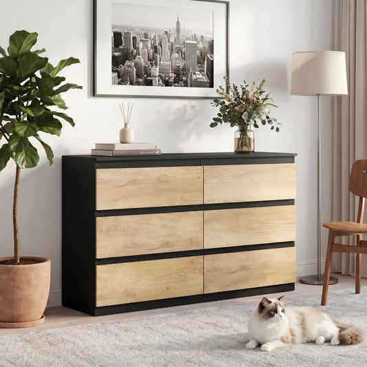 🖤 CÓMODA OAK BLACK 6C – 6 CAJONES NEGRO Y ROBLE SIN TIRADORES 120 CM