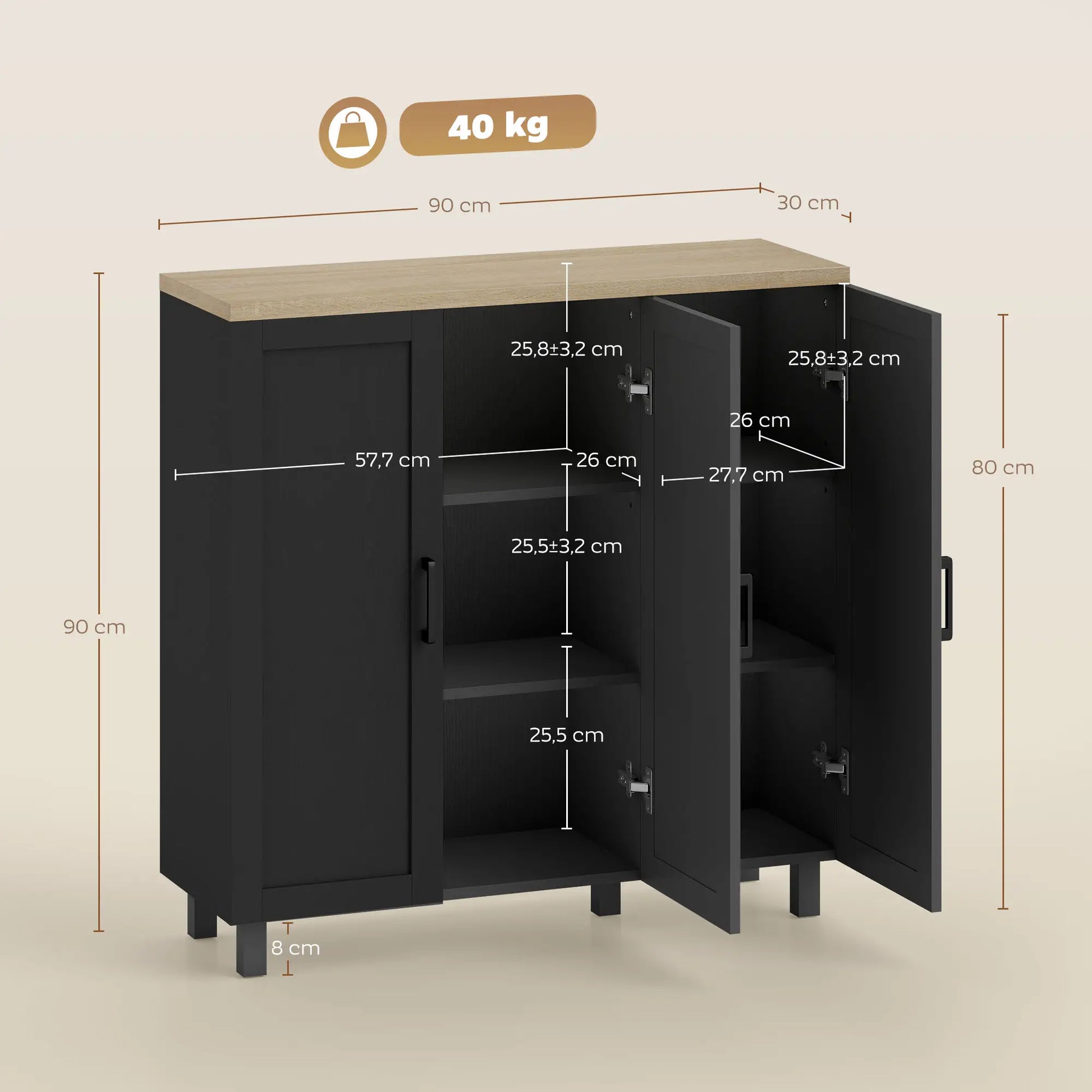 APARADOR DE SALÓN MODERNO CON 3 PUERTAS – NEGRO Y MADERA NATURAL image 2
