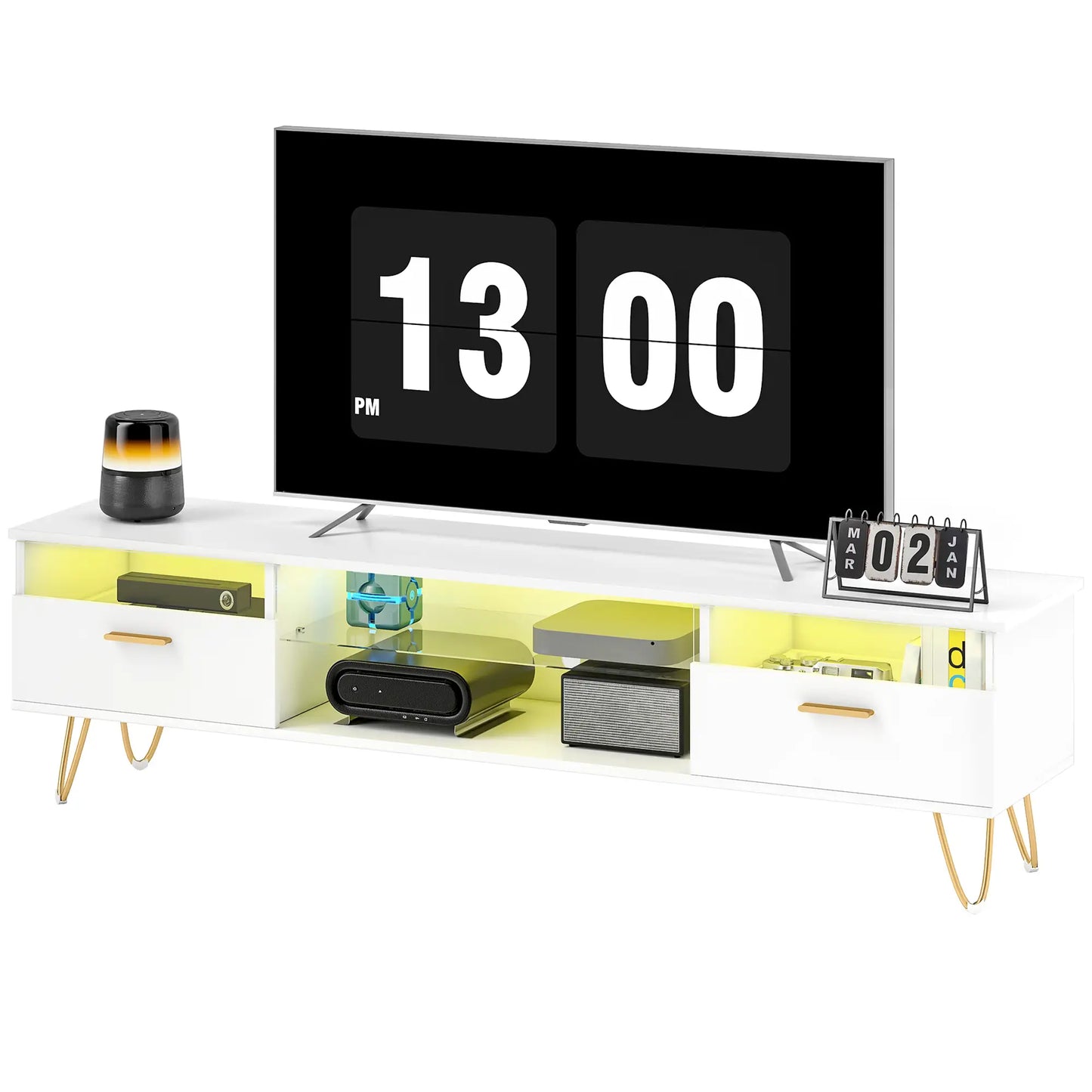 Mueble TV Blanco con LED RGB y Patas Doradas 160 cm image 3