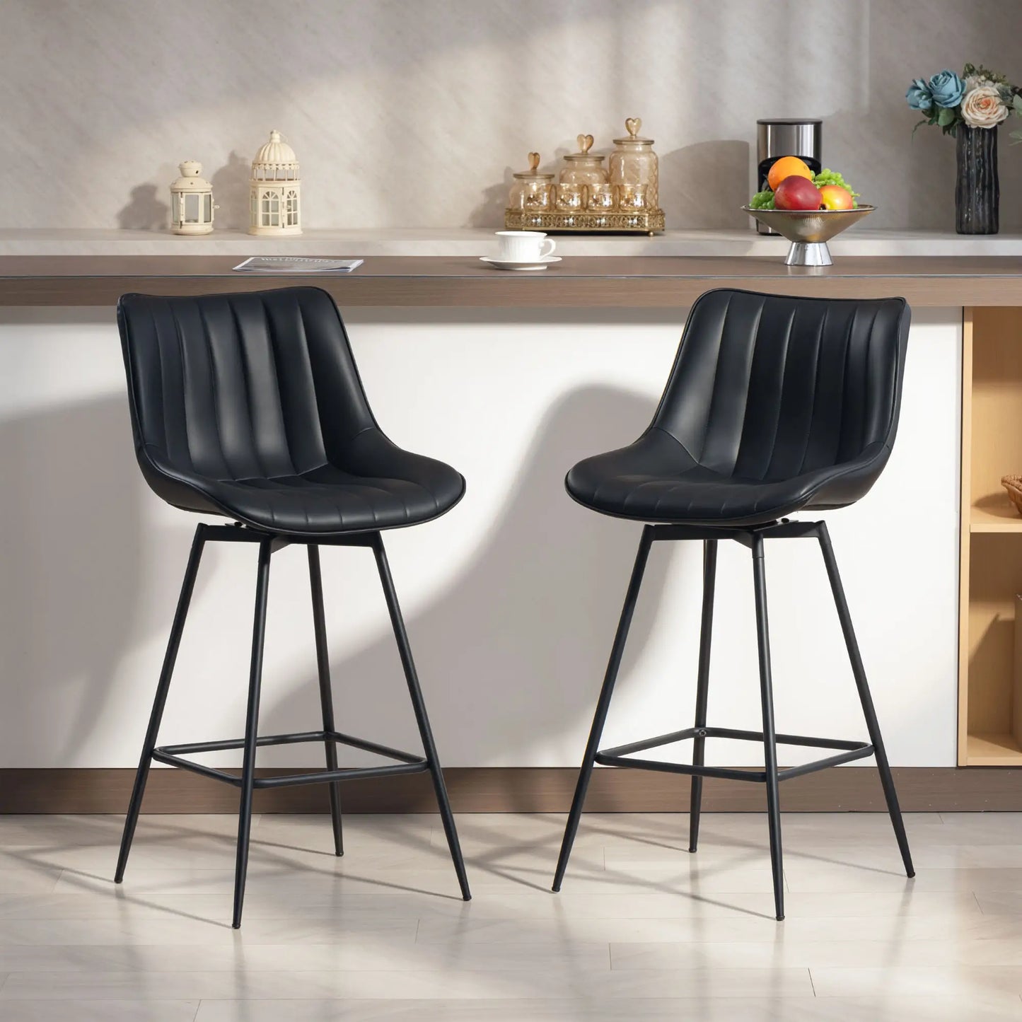 🪑 Juego de 2 Taburetes de Bar Giratorios 360° con Respaldo y Reposapiés – Tapizados en Cuero Sintético Blanco o Negro