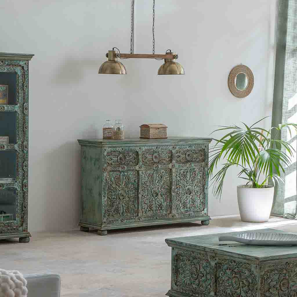 APARADOR DALIAN ARTESANAL DE MADERA TALLADA VERDE AGUAMARINA image 0