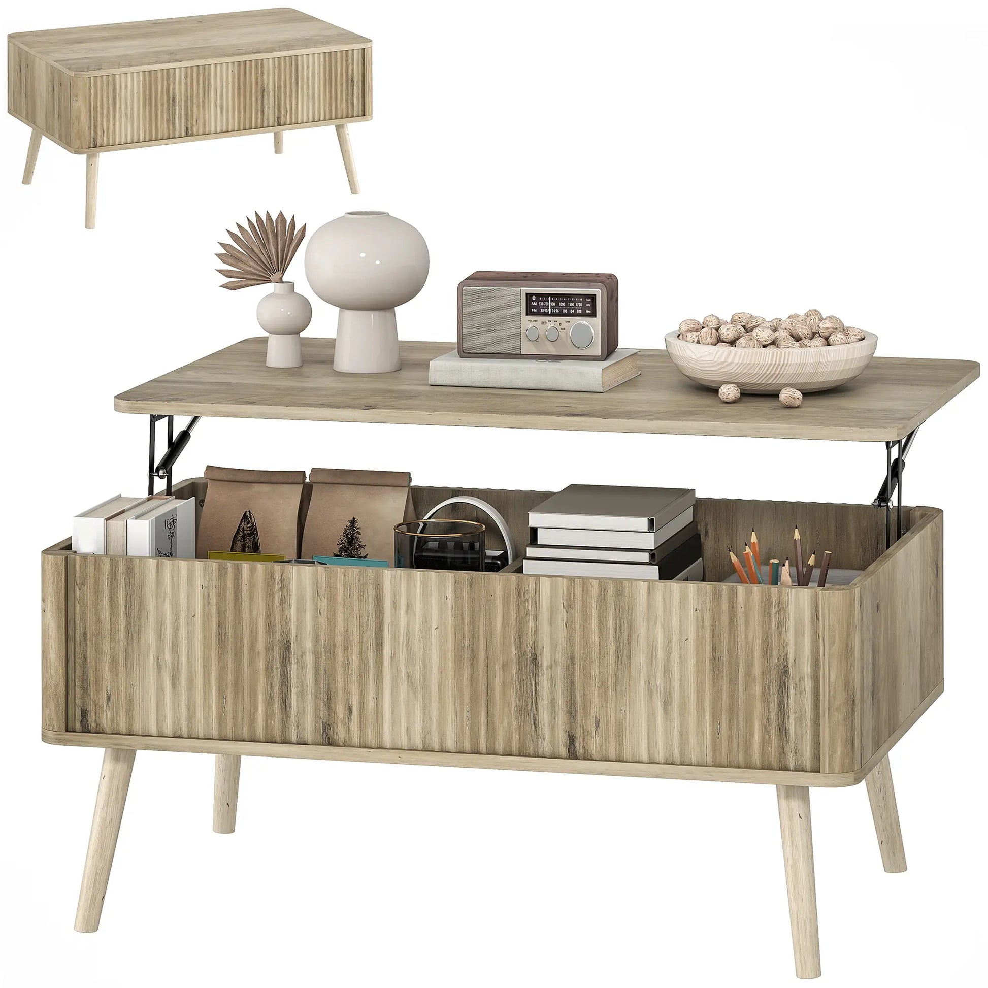 Mesa de Centro Elevable con Almacenaje Oculto y Patas de Pino 91 cm en Roble image 3