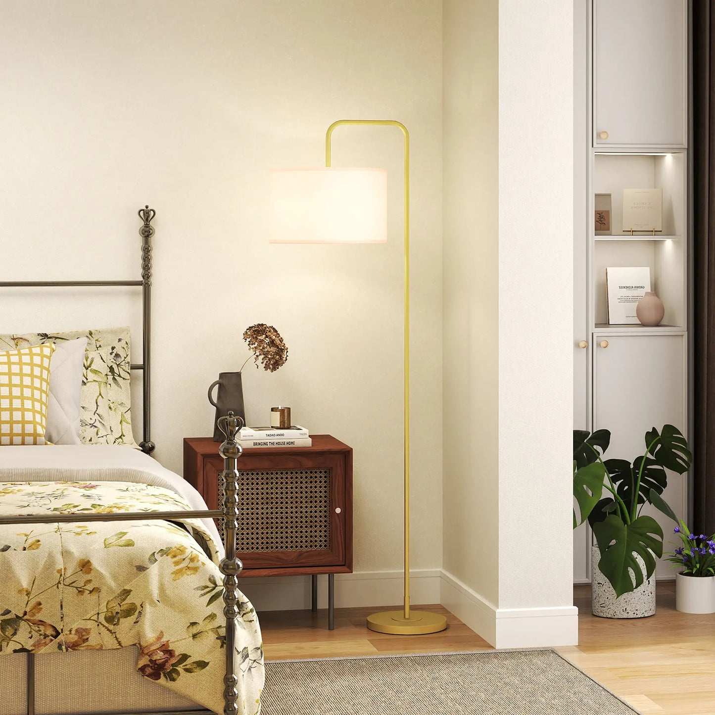 💡 Lámpara de Pie Moderna con Pantalla de Lino Sintético – Diseño Curvo Blanco y Dorado para Salón, Dormitorio y Oficina