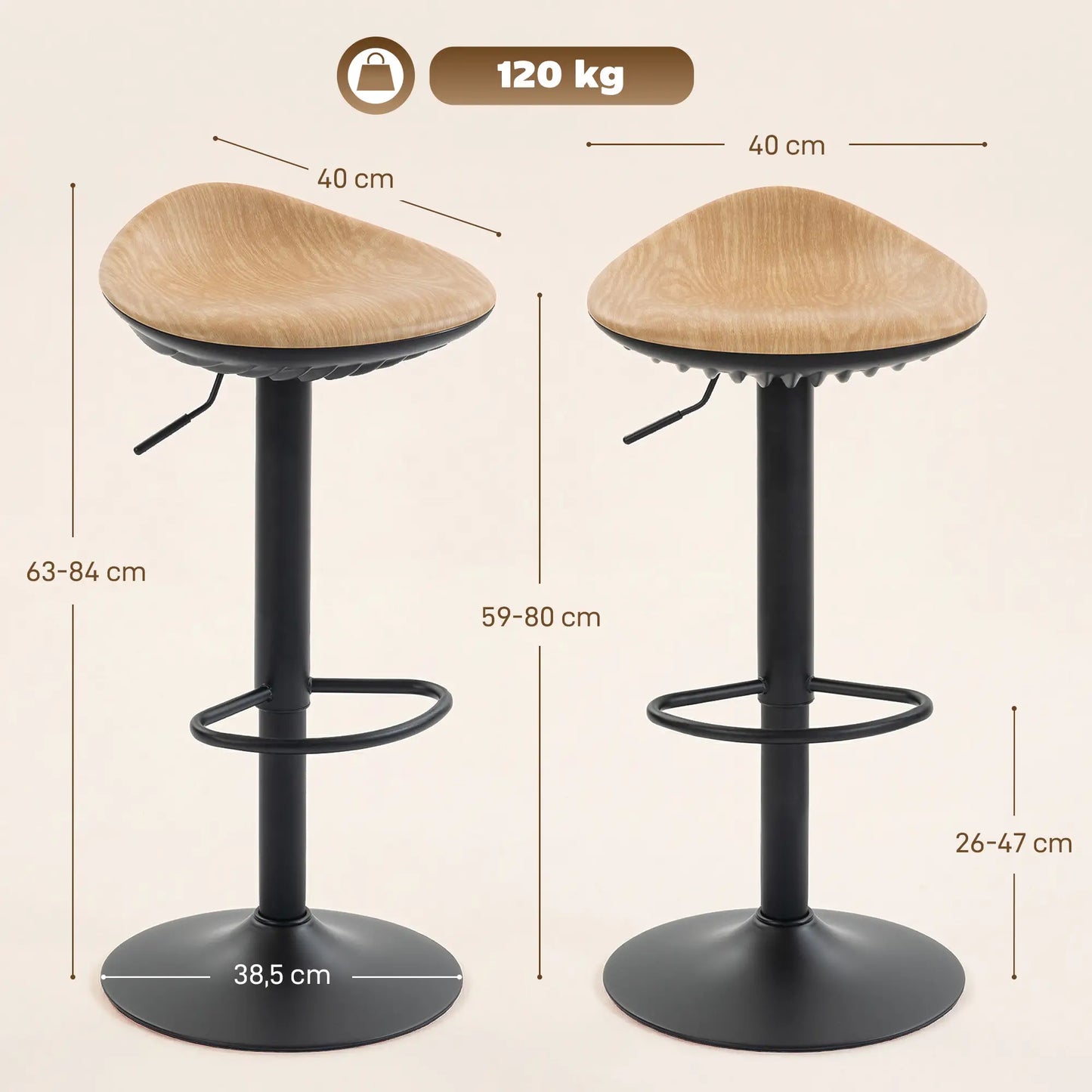 🪑 Pack de 2 Taburetes Altos Regulables con Acabado Efecto Roble – Giratorios 360° con Reposapiés y Base de Acero