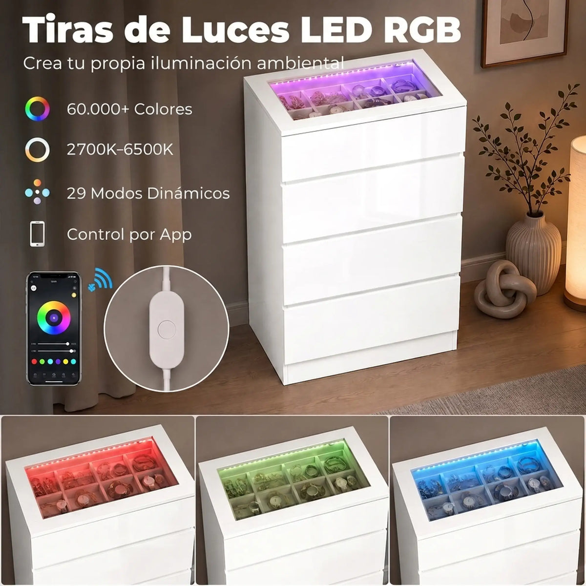 💎 CÓMODA JEWEL LED 4C – BLANCA CON JOYERO, ENCIMERA DE CRISTAL Y LED RGB