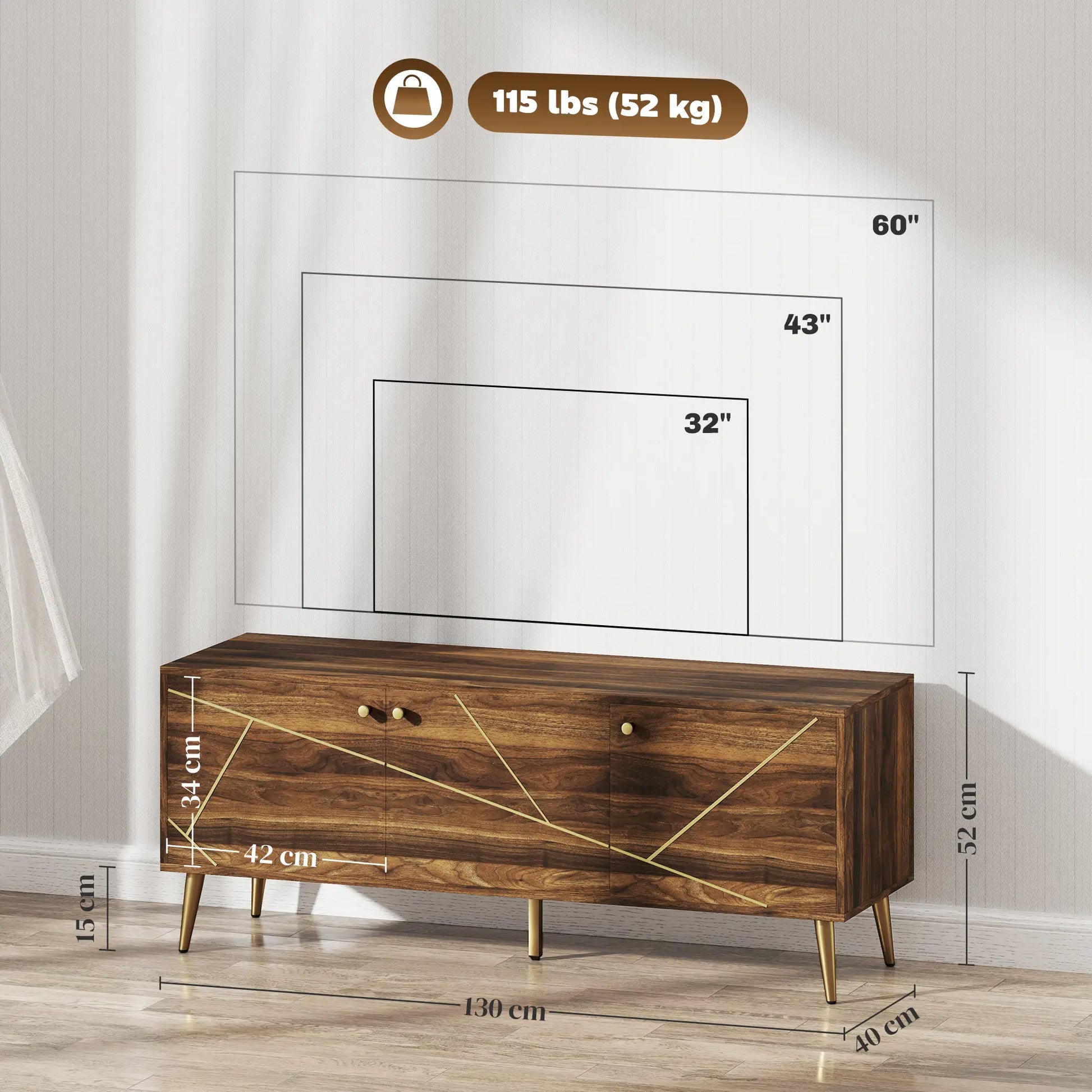 Mueble TV Moderno Marrón 130 cm con Patas Doradas image 6