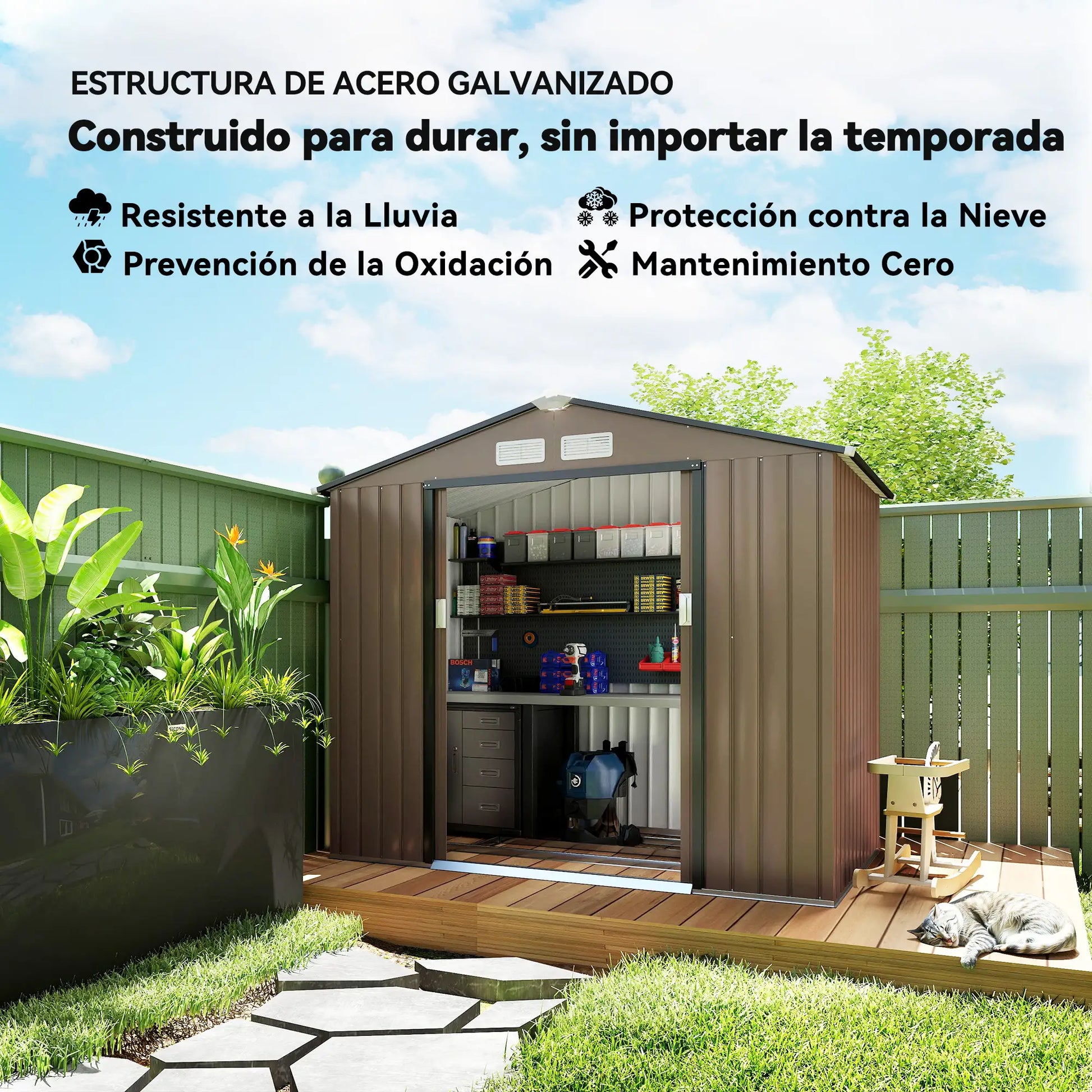 CASETA DE JARDÍN EXTERIOR DE ACERO 213×130×185 CM MARRÓN image 5