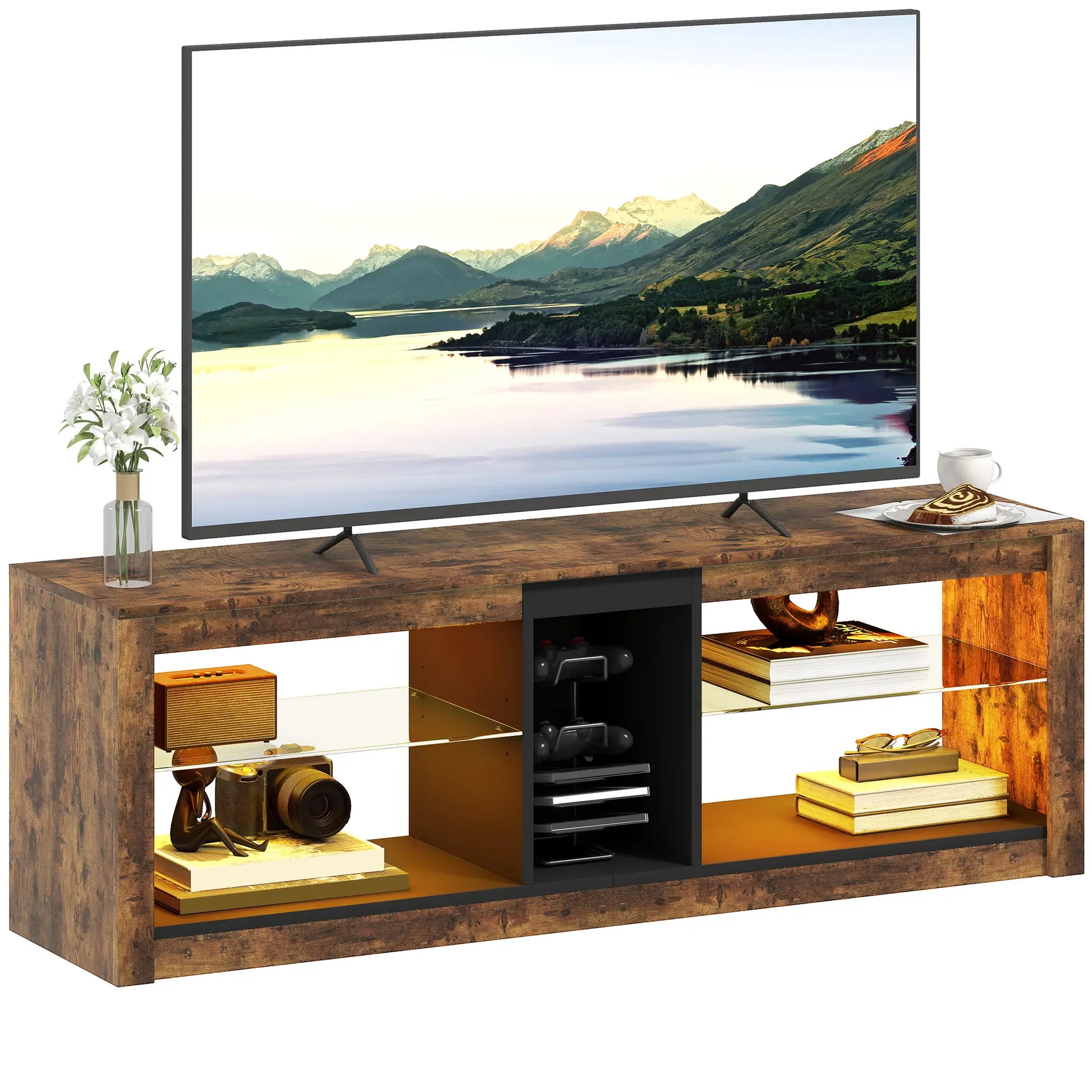 Mueble TV 140 cm Marrón Rústico con LED image 1