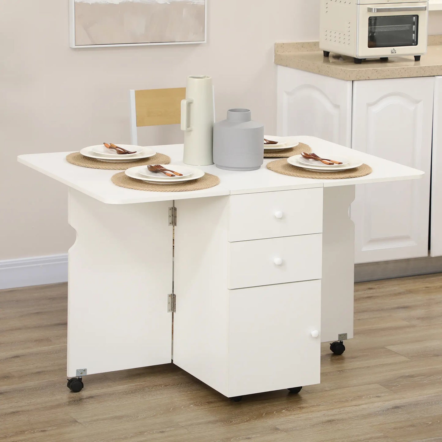 MESA DE COMEDOR PLEGABLE CON ALAS ABATIBLES, RUEDAS Y CAJONES – BLANCA image 8