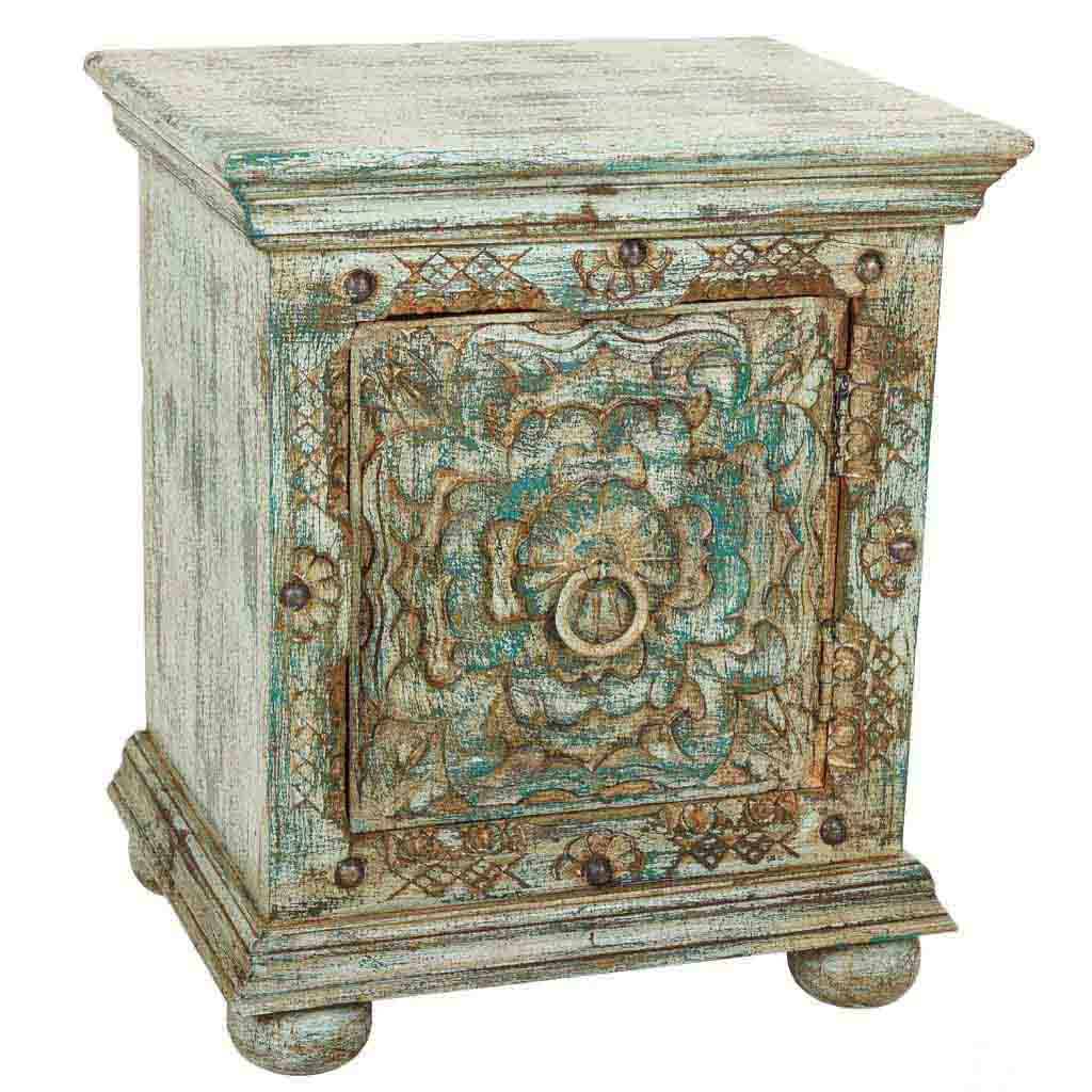 MESITA DE NOCHE DALIAN ARTESANAL DE MADERA TALLADA VERDE AGUAMARINA image 1