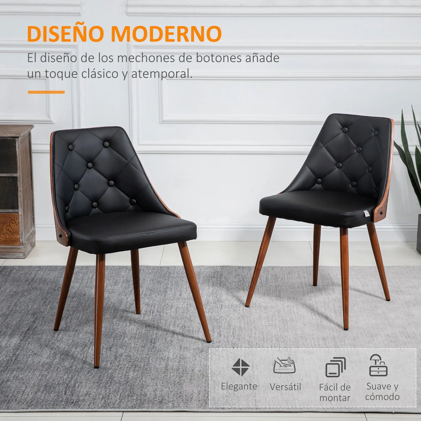 SET DE 2 SILLAS DE COMEDOR MODERNAS TAPIZADAS EN CUERO SINTÉTICO – COLOR NEGRO image 1