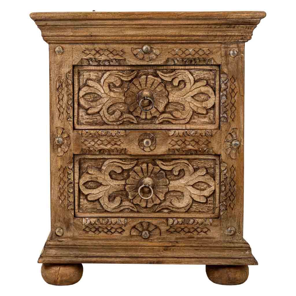 MESITA DE NOCHE DALIAN ARTESANAL MARRÓN DE MADERA CON 2 CAJONES image 3