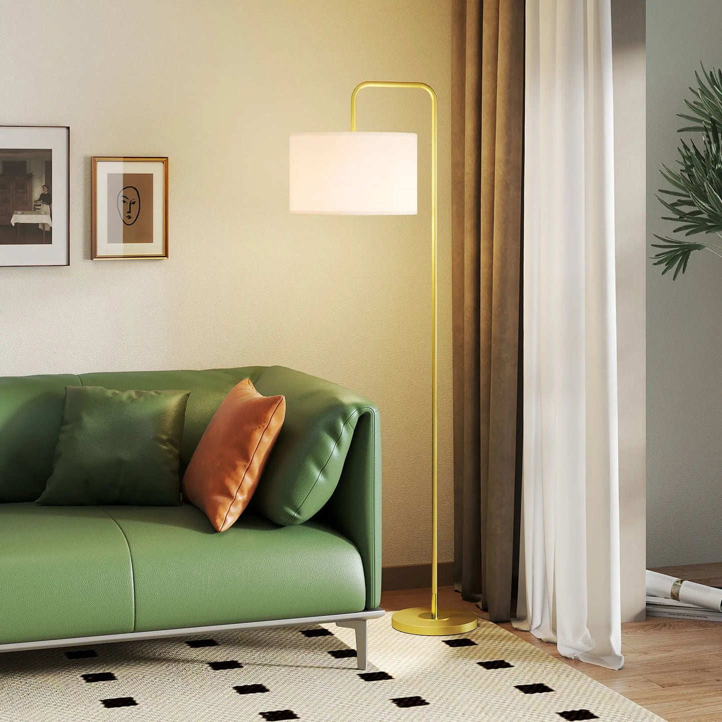 💡 Lámpara de Pie Moderna con Pantalla de Lino Sintético – Diseño Curvo Blanco y Dorado para Salón, Dormitorio y Oficina
