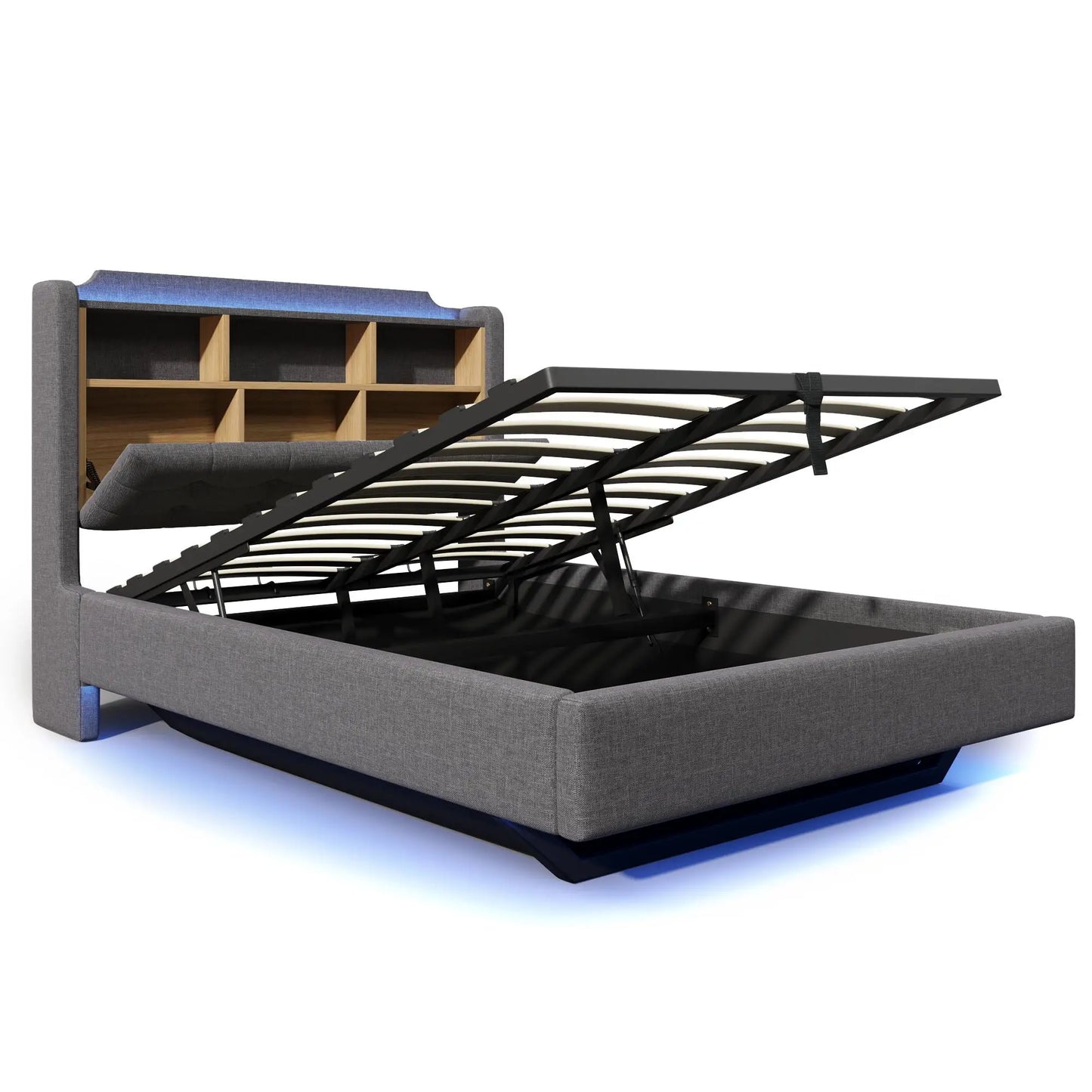 🛏️ CAMA TAPIZADA FLOTANTE 140 × 200 CM CON LED, USB Y ARCÓN HIDRÁULICO | GRIS Y BEIGE | JAM MUEBLES