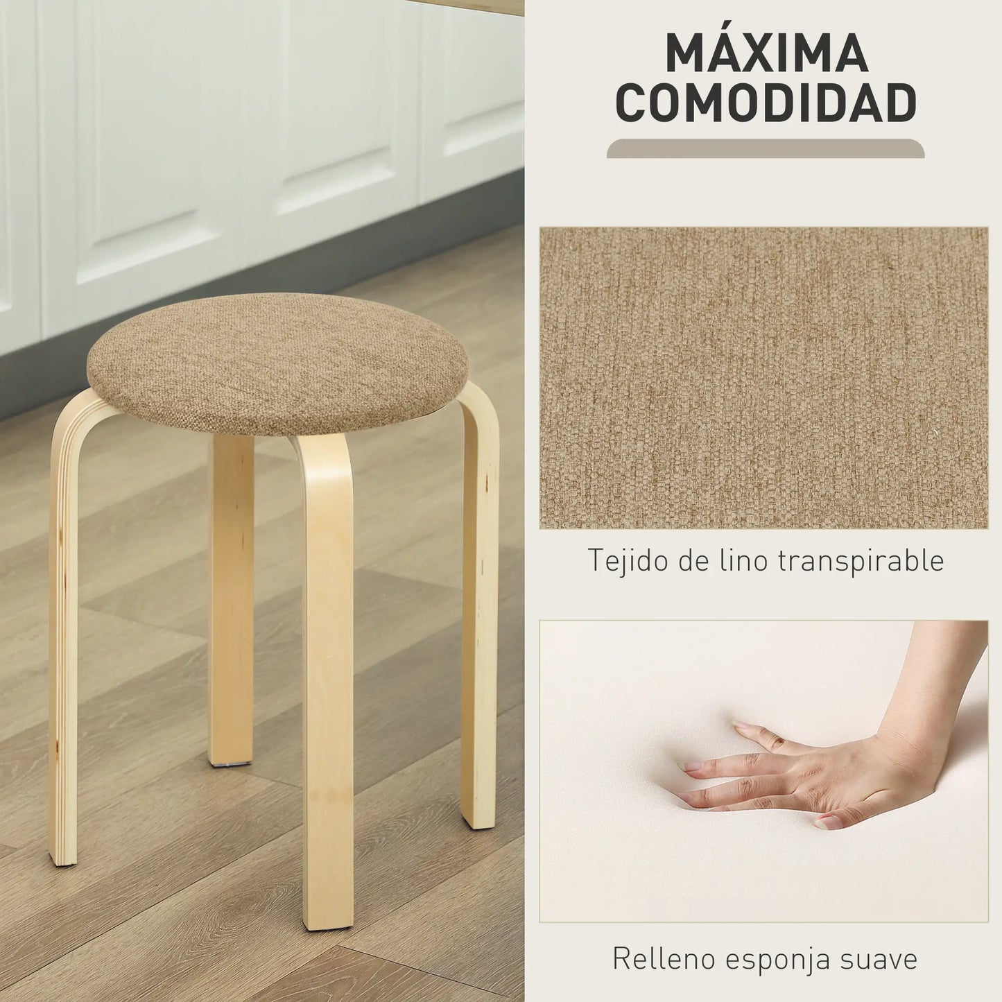 JUEGO DE 4 TABURETES APILABLES DE MADERA CON ASIENTO ACOL CAQUI – MODELO KENIA image 9