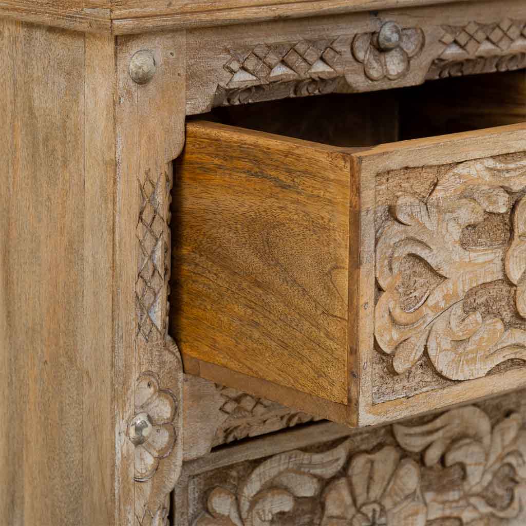 MESITA DE NOCHE DALIAN ARTESANAL MARRÓN DE MADERA CON 2 CAJONES image 4