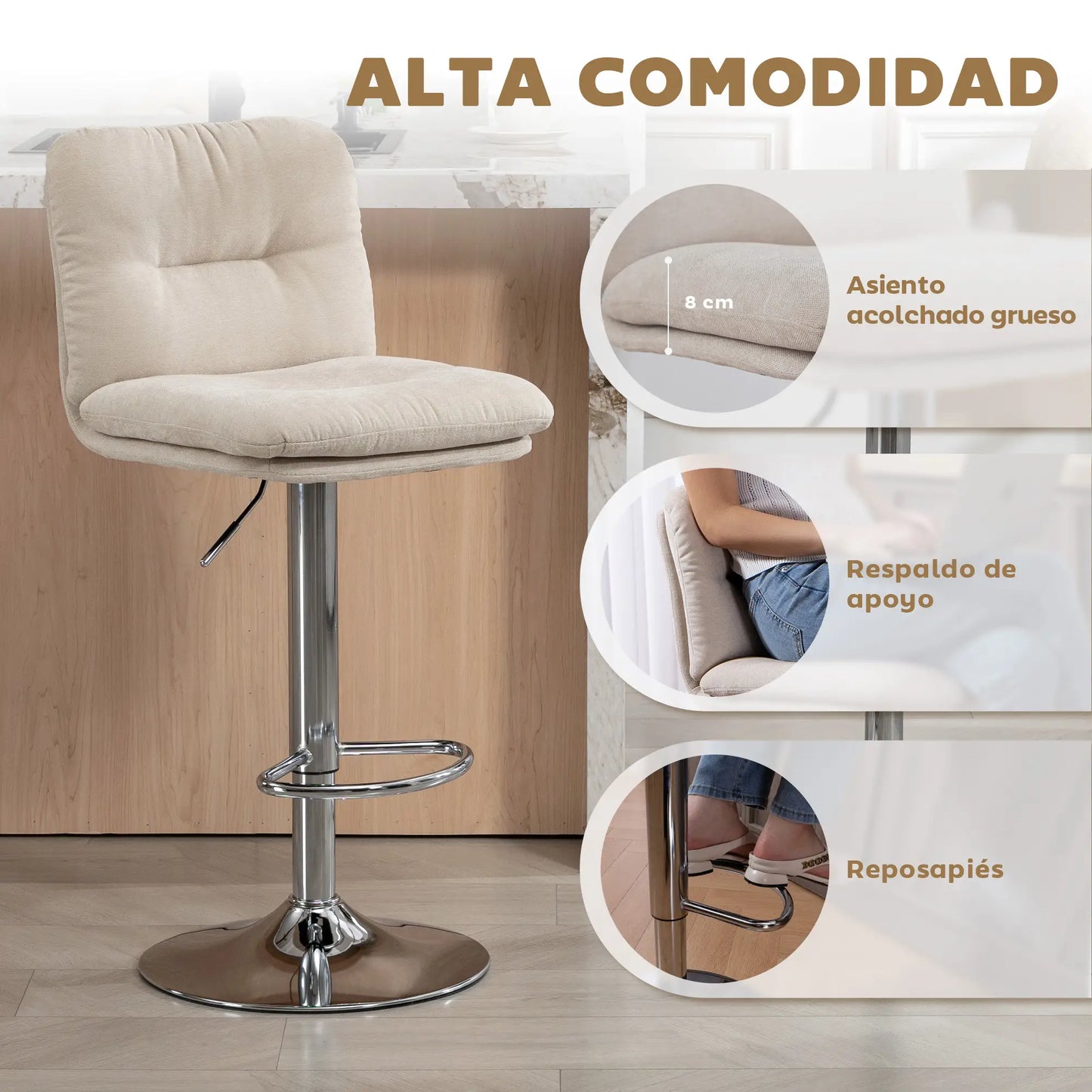 🪑 Juego de 2 Taburetes Altos de Cocina Giratorios con Altura Ajustable – Tapizados en Tela Beige con Respaldo y Reposapiés