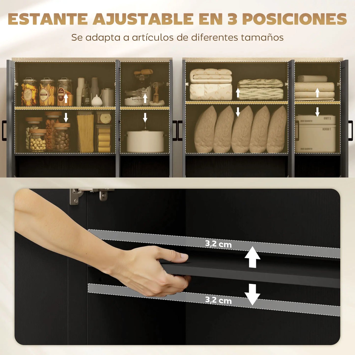 APARADOR DE SALÓN MODERNO CON 3 PUERTAS – NEGRO Y MADERA NATURAL image 7