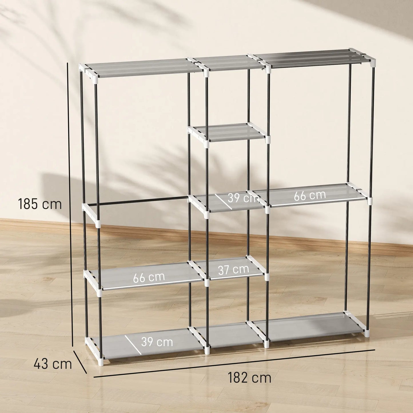 👕 ARMARIO ABIERTO PARA ROPA 182 CM CON 8 ESTANTES Y 3 BARRAS – GRIS CLARO