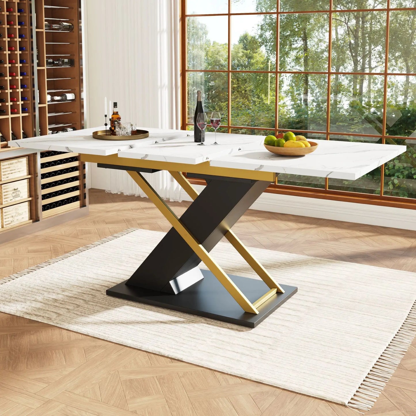 🍽️ Mesa de Comedor Extensible 120-160 cm con Patas Cruzadas – MDF Efecto Mármol – Blanco y Negro | JAM MUEBLES