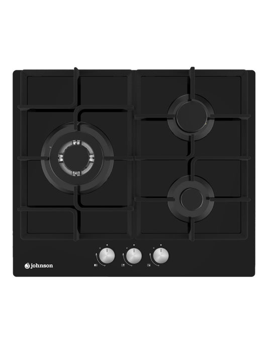 🔥 Encimera de Gas Johnson JAMA3BN1 Cristal Negro – 60 cm con 3 Fuegos y Triple Llama