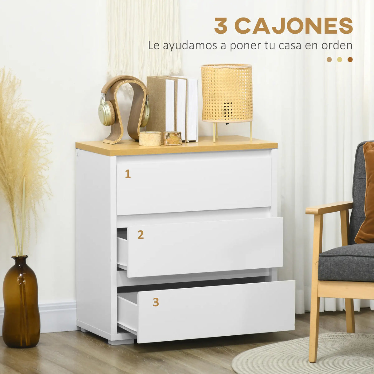 🤍 CÓMODA NORDIC PURE 3C – 3 CAJONES BLANCO Y MADERA NATURAL SIN TIRADORES