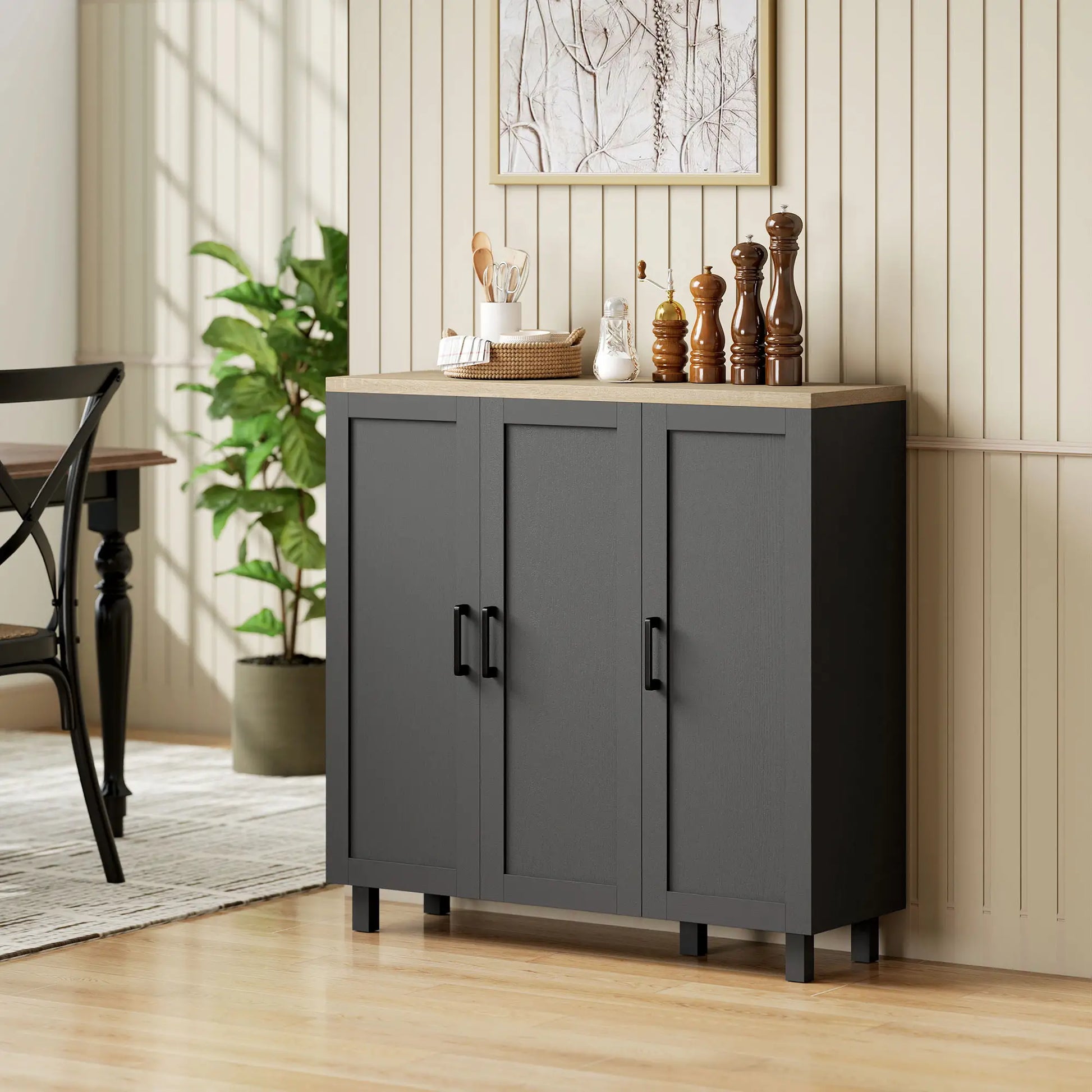 APARADOR DE SALÓN MODERNO CON 3 PUERTAS – NEGRO Y MADERA NATURAL image 5