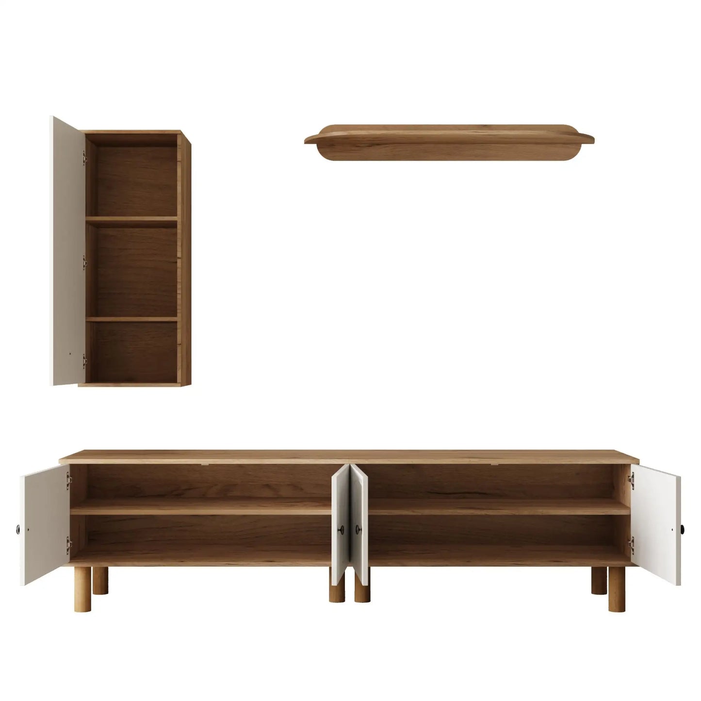 🏠 COMPOSICIÓN DE SALÓN “NATURA 3” – MUEBLE TV 170 CM + MUEBLE ALTO + ESTANTE DE PARED · BLANCO Y MADERA NATURAL