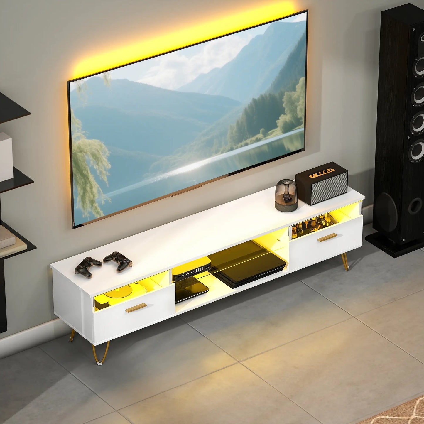 Mueble TV Blanco con LED RGB y Patas Doradas 160 cm image 0