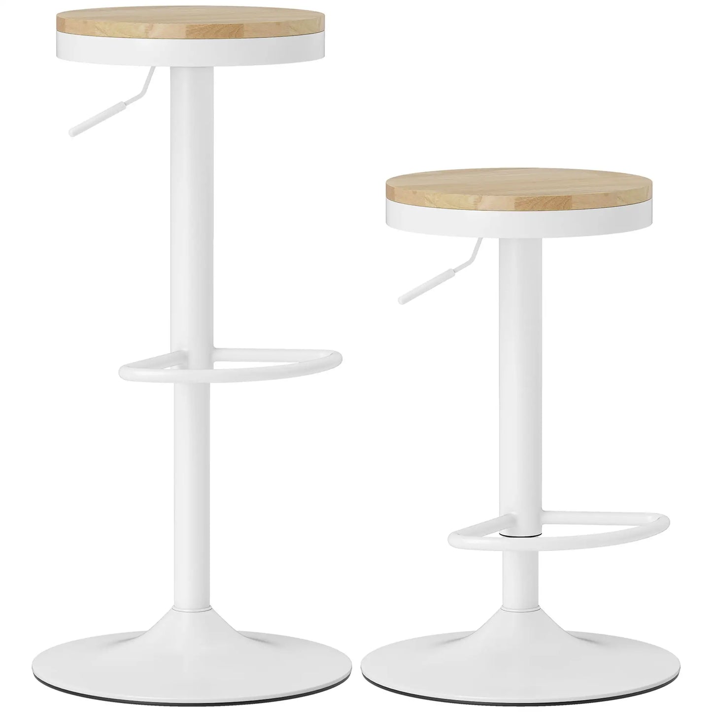 🪑 Juego de 2 Taburetes Altos de Cocina Regulables con Asiento de Madera Natural – Giratorios 360° con Base de Acero Blanca