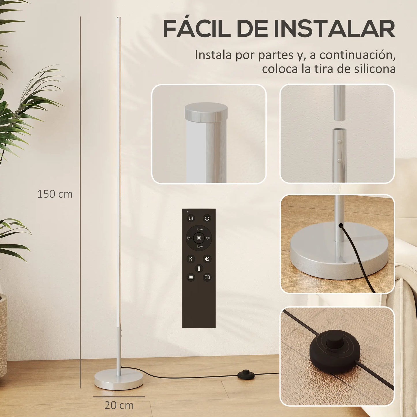💡 Lámpara de Pie LED Moderna Regulable con Mando a Distancia – Brillo y Temperatura de Color Ajustables Color Gris Plata