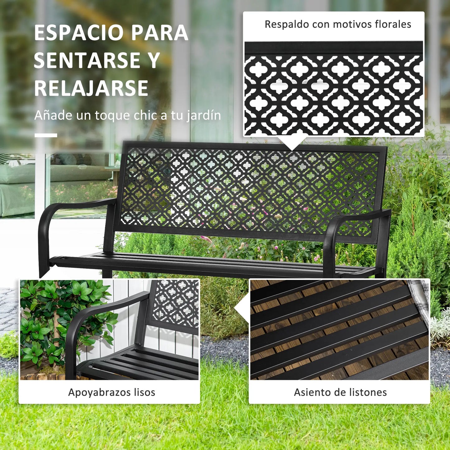🌿 Banco de Jardín Modelo Forge Elegance 2 Plazas Acero Negro Forja