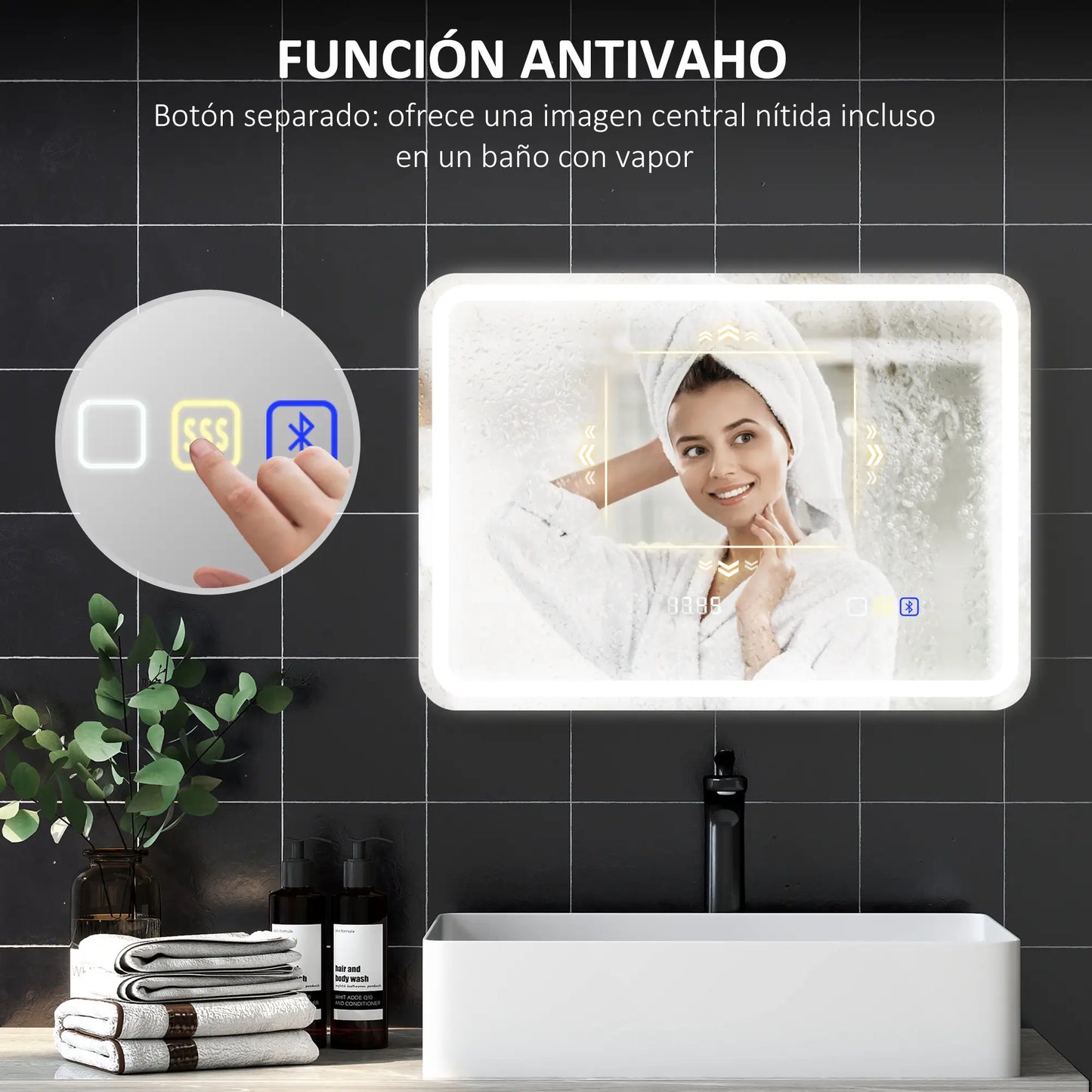 ESPEJO DE BAÑO LED AURIX SOUND 70X50 CON BLUETOOTH, RELOJ Y ANTIVAHO image 6