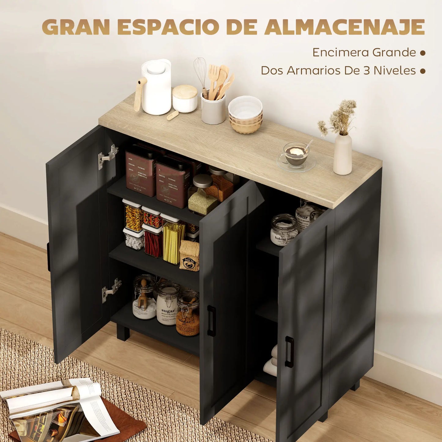 APARADOR DE SALÓN MODERNO CON 3 PUERTAS – NEGRO Y MADERA NATURAL image 6