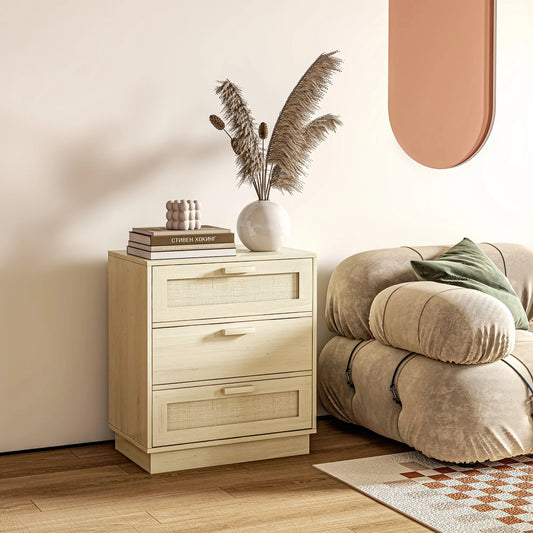 🗄️ CÓMODA BOHO RATÁN CANNAGE 3C – 3 CAJONES EN MADERA NATURAL Y RATÁN